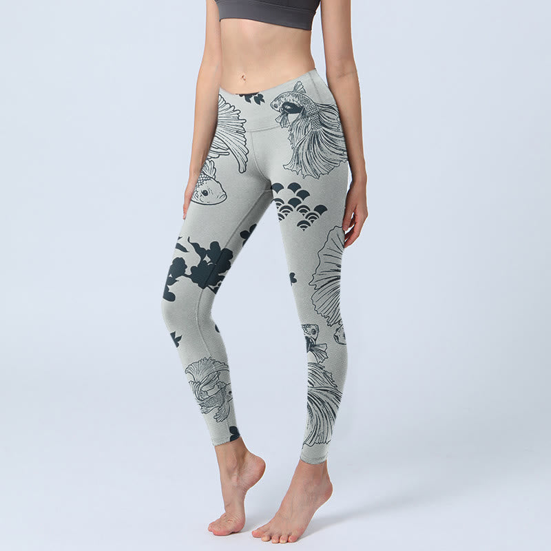 Buddha Stones Gray Koi Fish Floral Waves Print Gym Leggings Women's Yoga Pants - Silver - US18,UK/AU22,EU50 (4XL) - image 0