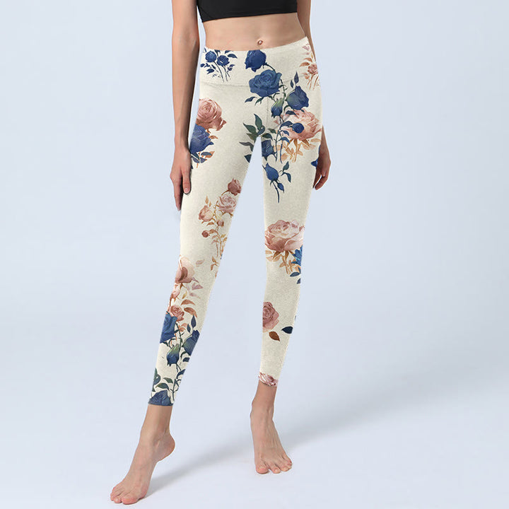 Buddha Stones Red Blue Rose Leaf Print Gym Leggings Women's Yoga Pants - image 5