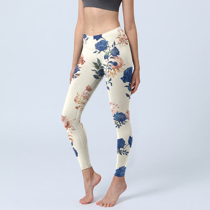 Buddha Stones Red Blue Rose Leaf Print Gym Leggings Women's Yoga Pants - Cornsilk - US18,UK/AU22,EU50 (4XL) - image 0