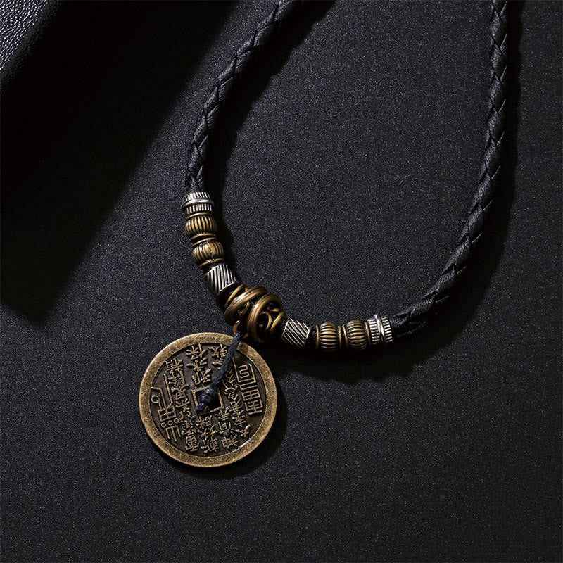 Buddha Stones Mountain Ghosts Spend Money Bagua Alloy Copper Coin Harmony Necklace Pendant - Black Rope - image 5