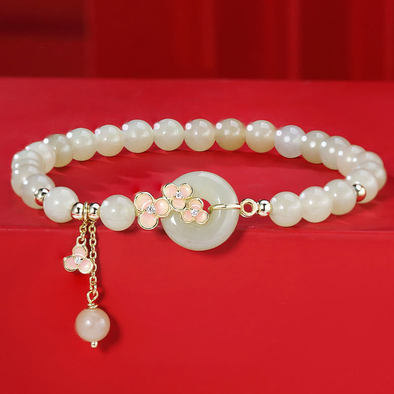 Buddha Stones 925 Sterling Silver Natural Hetian Jade Peach Blossom Peace Buckle Zircon Luck Bracelet Necklace Pendant - Jade Bracelet(Wrist Circumference 14-17cm) - image 0