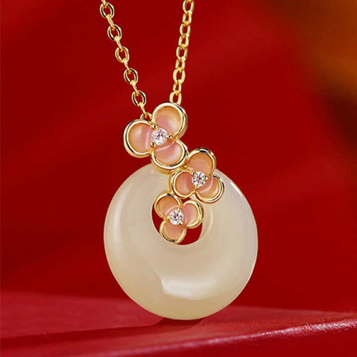 Buddha Stones 925 Sterling Silver Natural Hetian Jade Peach Blossom Peace Buckle Zircon Luck Bracelet Necklace Pendant - Jade Necklace - image 10