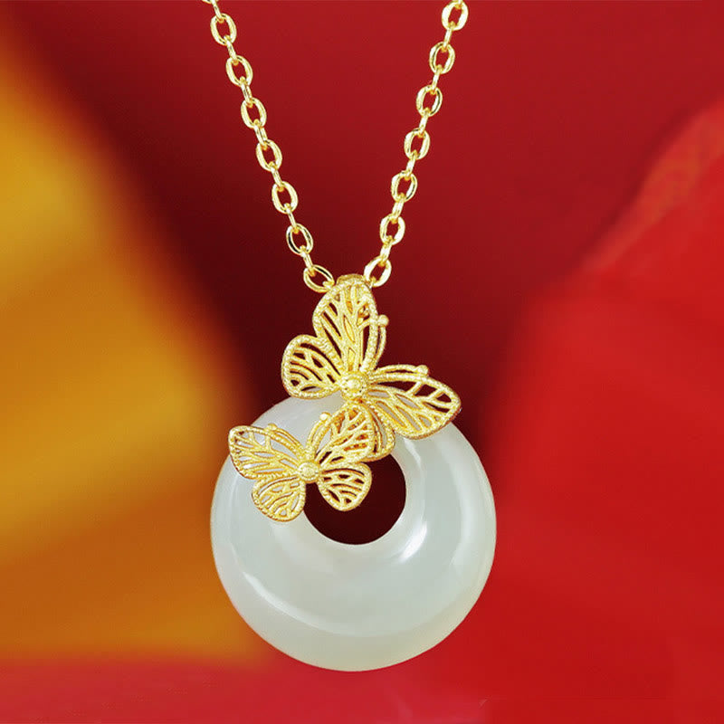 Buddha Stones 925 Sterling Silver Natural Hetian Jade Butterfly Prosperity Necklace Pendant - Two Butterflies - image 0