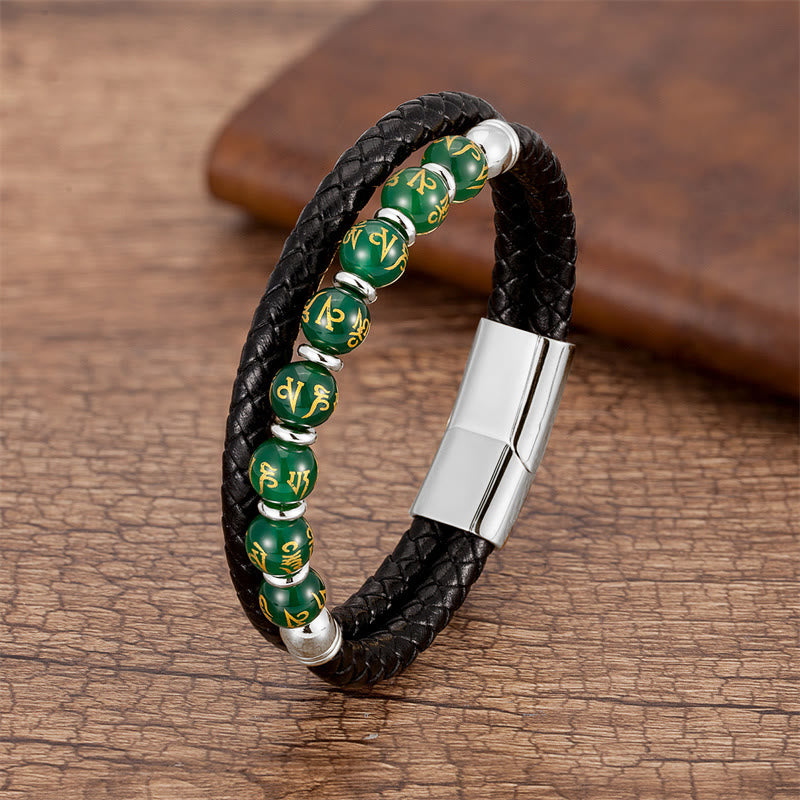 Buddha Stones Black Onyx Turquoise Tiger Eye Red Agate Om Mani Padme Hum Strength Leather Bracelet - Green Agate - Silver - 18-22cm - image 11