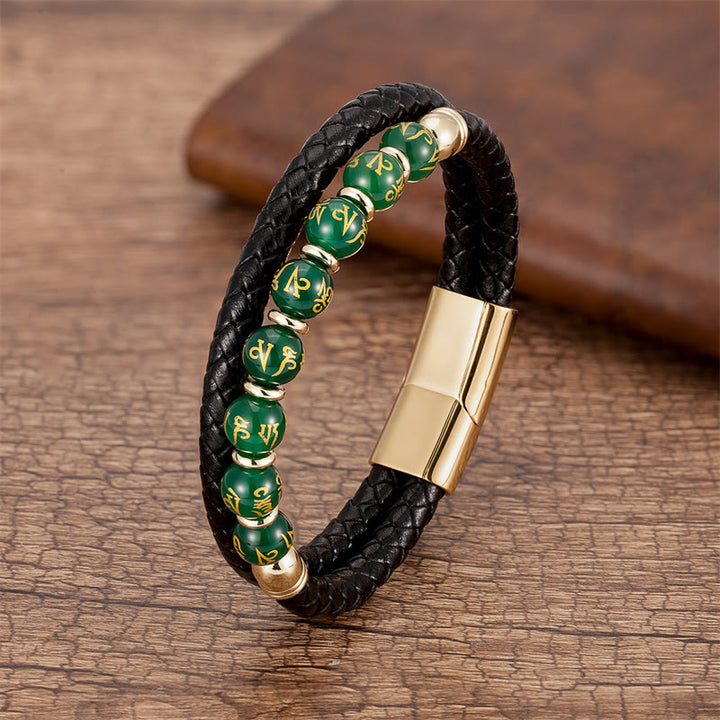 Buddha Stones Black Onyx Turquoise Tiger Eye Red Agate Om Mani Padme Hum Strength Leather Bracelet - Green Agate - Gold - 18-22cm - image 10