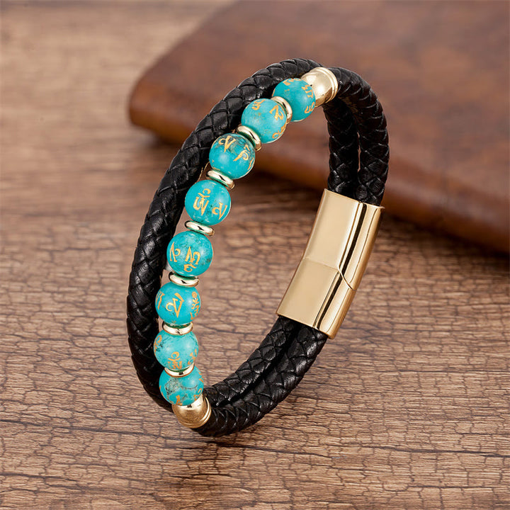 Buddha Stones Black Onyx Turquoise Tiger Eye Red Agate Om Mani Padme Hum Strength Leather Bracelet - Turquoise(Synthetic) - Gold - 18-22cm - image 3