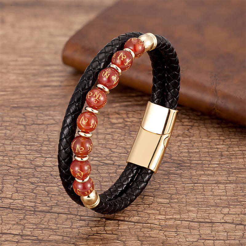 Buddha Stones Black Onyx Turquoise Tiger Eye Red Agate Om Mani Padme Hum Strength Leather Bracelet - Red Agate - Gold - 18-22cm - image 13