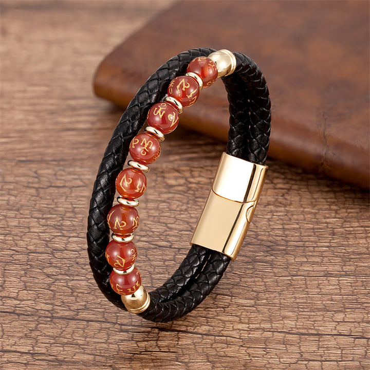 Buddha Stones Black Onyx Turquoise Tiger Eye Red Agate Om Mani Padme Hum Strength Leather Bracelet - Red Agate - Gold - 18-22cm - image 13