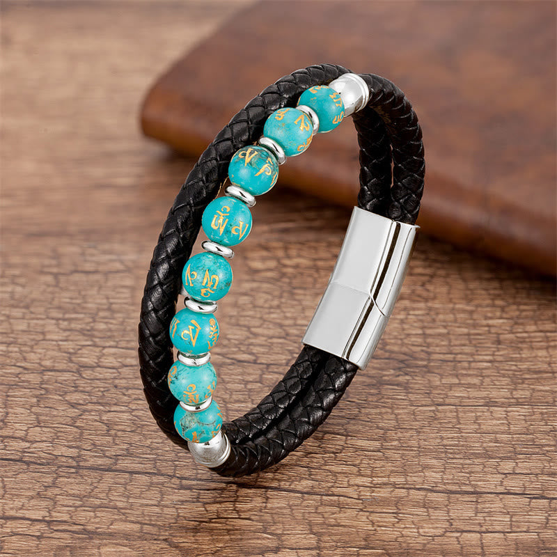 Buddha Stones Black Onyx Turquoise Tiger Eye Red Agate Om Mani Padme Hum Strength Leather Bracelet - Turquoise(Synthetic) - Silver - 18-22cm - image 6