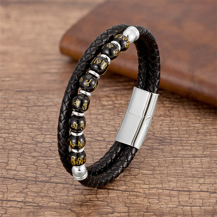 Buddha Stones Black Onyx Turquoise Tiger Eye Red Agate Om Mani Padme Hum Strength Leather Bracelet - Black Onyx - Silver - 18-22cm - image 1