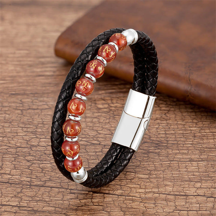 Buddha Stones Black Onyx Turquoise Tiger Eye Red Agate Om Mani Padme Hum Strength Leather Bracelet - Red Agate - Silver - 18-22cm - image 14