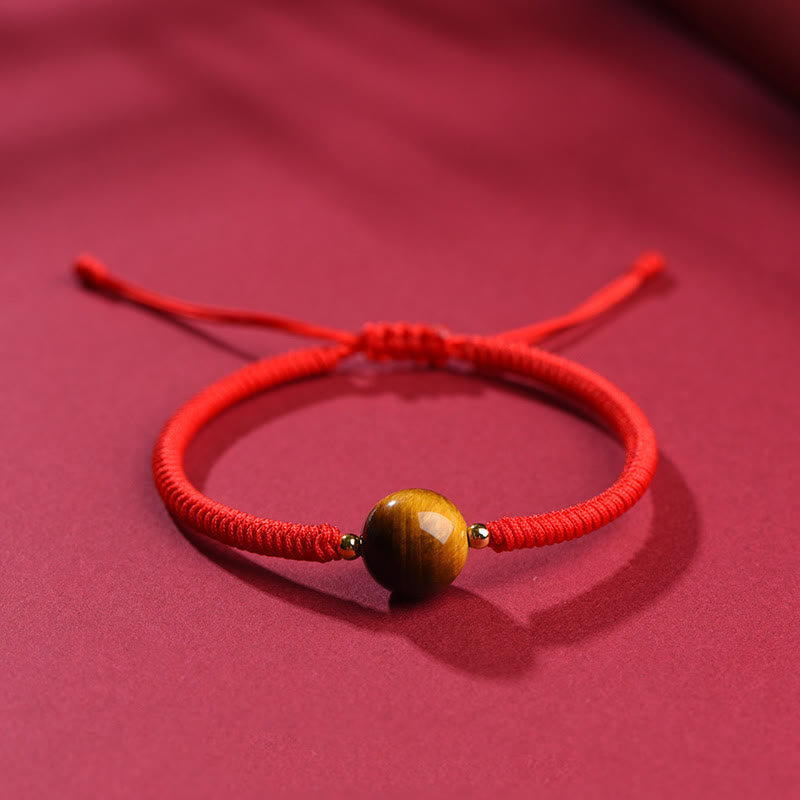 Buddha Stones Handmade Tiger Eye Bead Luck Protection Rope Bracelet - Red Rope - 10mm One Bead - 18-19cm - image 0
