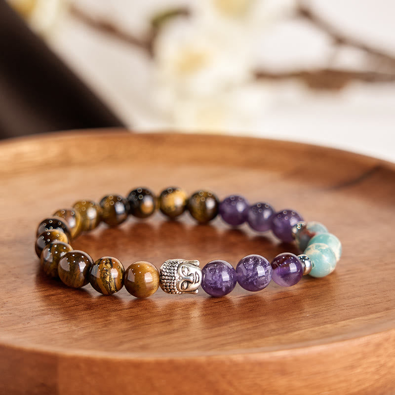 Buddha Stones Natural Black Onyx White Stone Green Aventurine Tiger Eye Agate Mixed Color Buddha Head Protection Bracelet - image 1