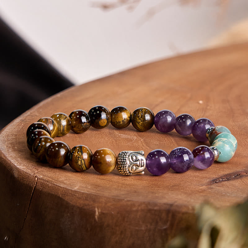 Buddha Stones Natural Black Onyx White Stone Green Aventurine Tiger Eye Agate Mixed Color Buddha Head Protection Bracelet - Tiger Eye(Wrist Circumference: 15-17cm) - image 0