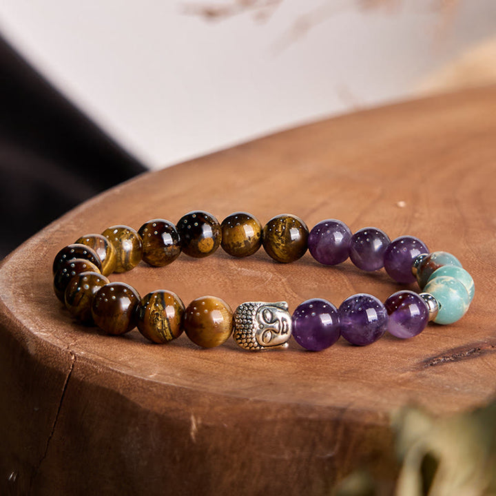 Buddha Stones Natural Black Onyx White Stone Green Aventurine Tiger Eye Agate Mixed Color Buddha Head Protection Bracelet - Tiger Eye(Wrist Circumference: 15-17cm) - image 0