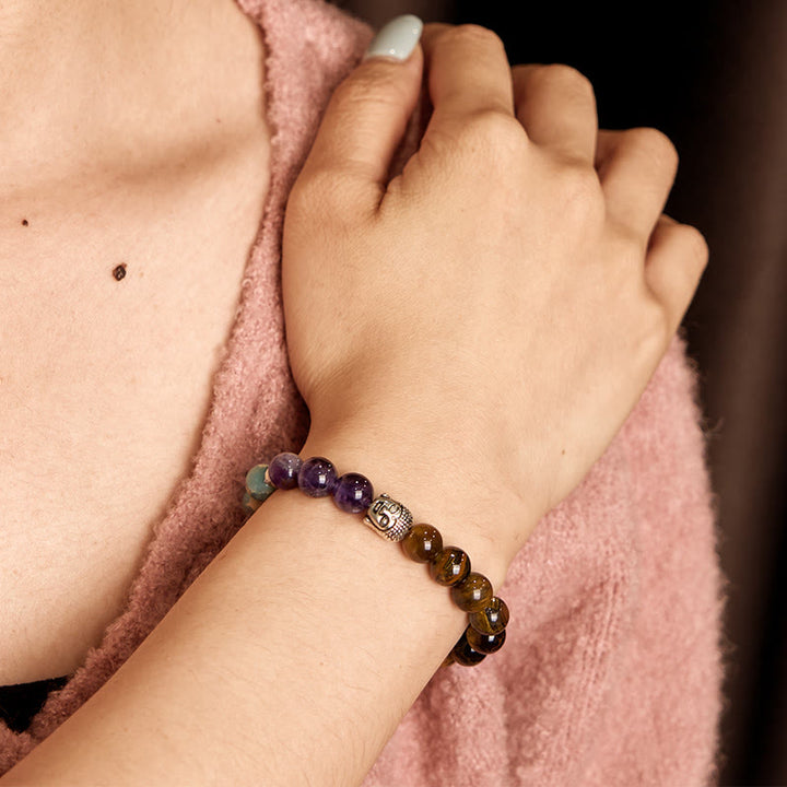 Buddha Stones Natural Black Onyx White Stone Green Aventurine Tiger Eye Agate Mixed Color Buddha Head Protection Bracelet - image 6