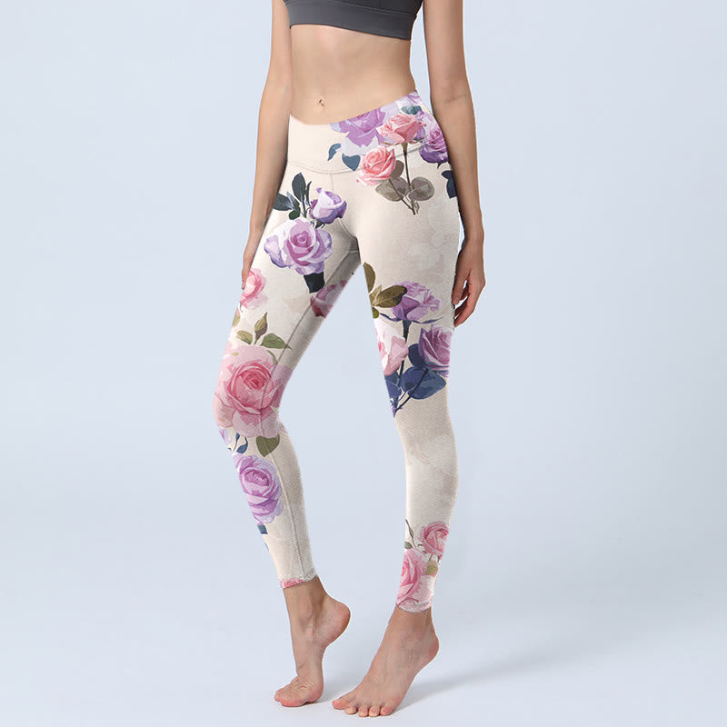 Buddha Stones Beige Rose Flowers Print Gym Leggings Women's Yoga Pants - Beige - US18,UK/AU22,EU50 (4XL) - image 0