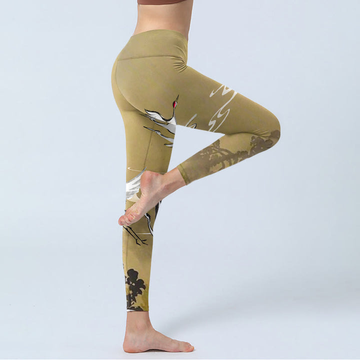 Buddha Stones Trees Cloud Red-crowned Crane Pattern Print Gym Leggings Women's Yoga Pants - image 3