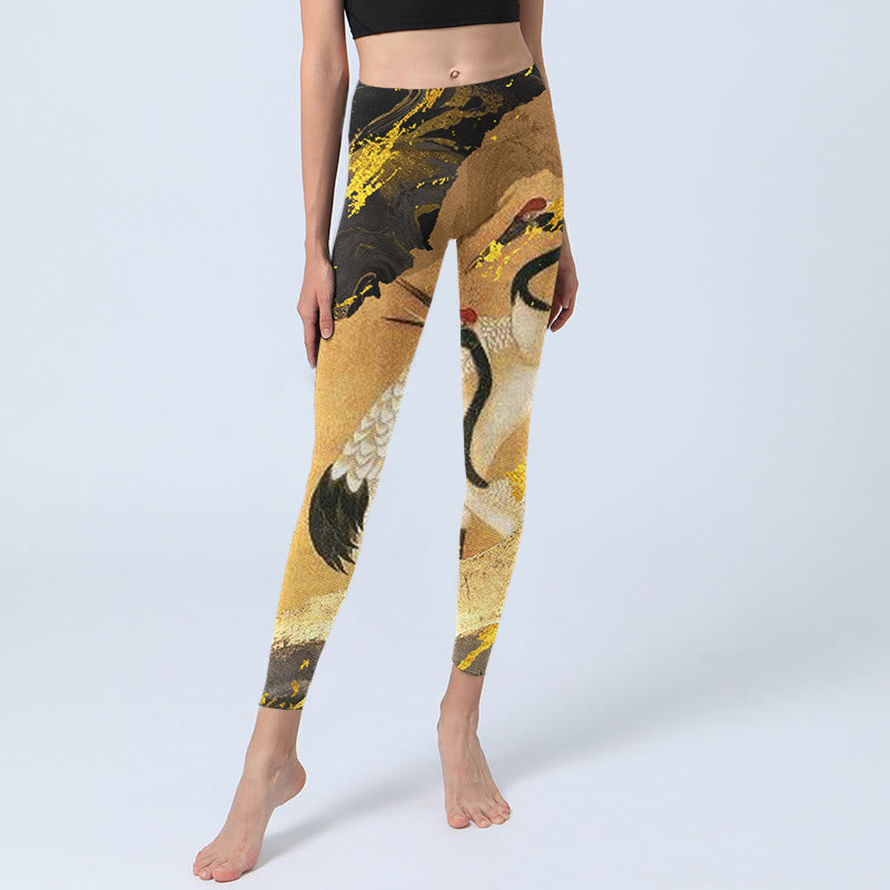 Buddha Stones Rock Pine Tree Red-crowned Crane Pattern Print Gym Leggings Women's Yoga Pants - image 5