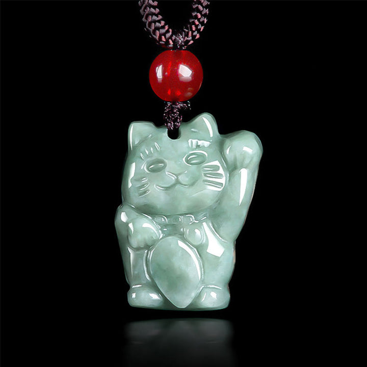Buddha Stones Lucky Cat Jade Abundance Necklace Pendant - Bean Green Jade - image 0