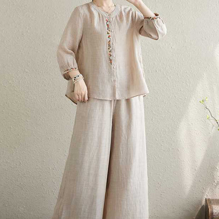 Buddha Stones 2Pcs Cotton Embroidery Flowers Shirt Top Pants Meditation Zen Tai Chi Clothing Women's Set - image 16