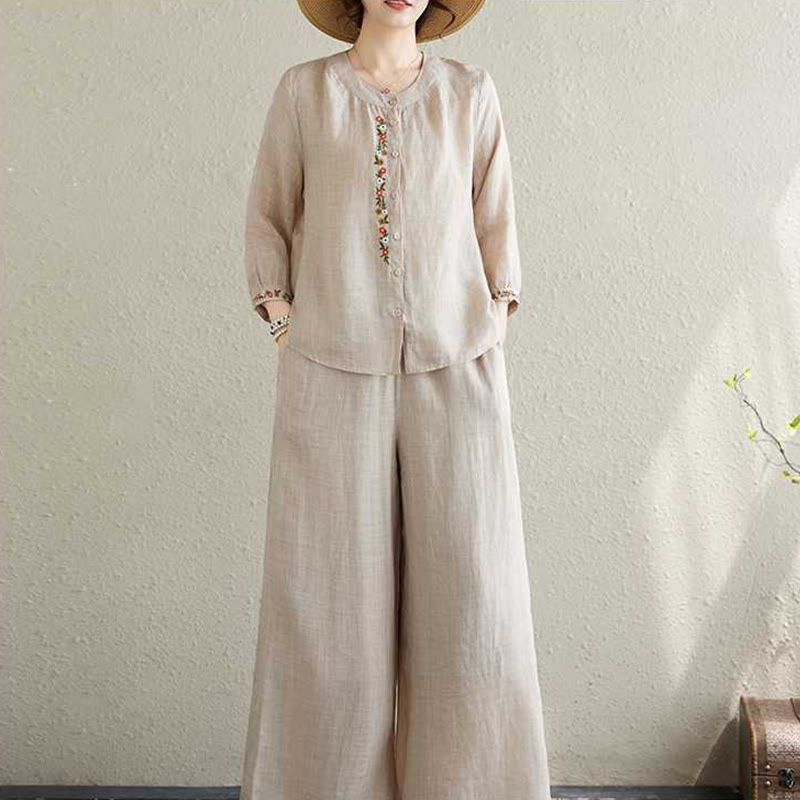 Buddha Stones 2Pcs Cotton Embroidery Flowers Shirt Top Pants Meditation Zen Tai Chi Clothing Women's Set - image 17