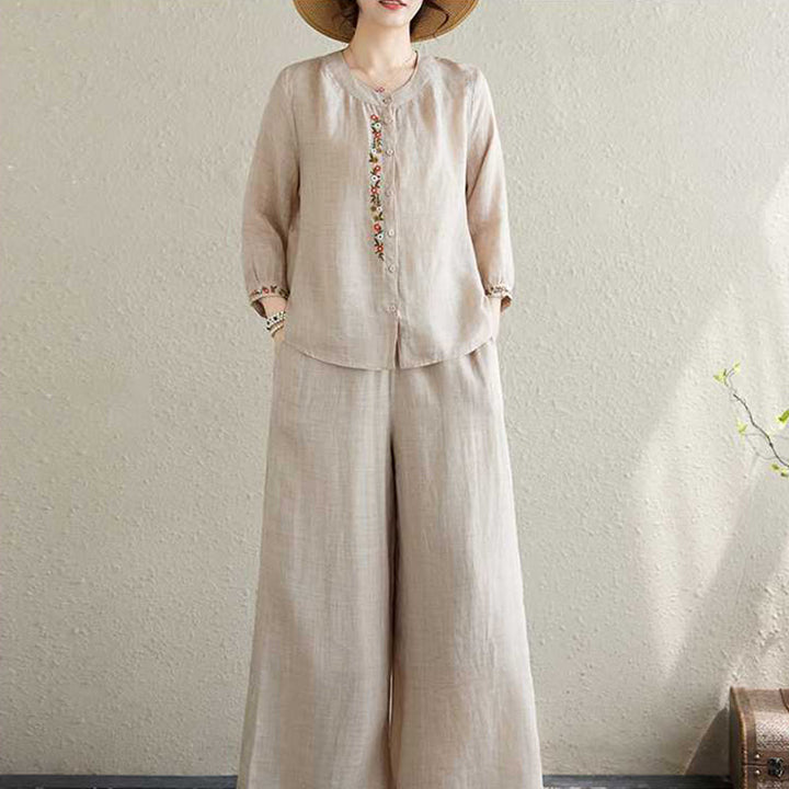 Buddha Stones 2Pcs Cotton Embroidery Flowers Shirt Top Pants Meditation Zen Tai Chi Clothing Women's Set - image 17