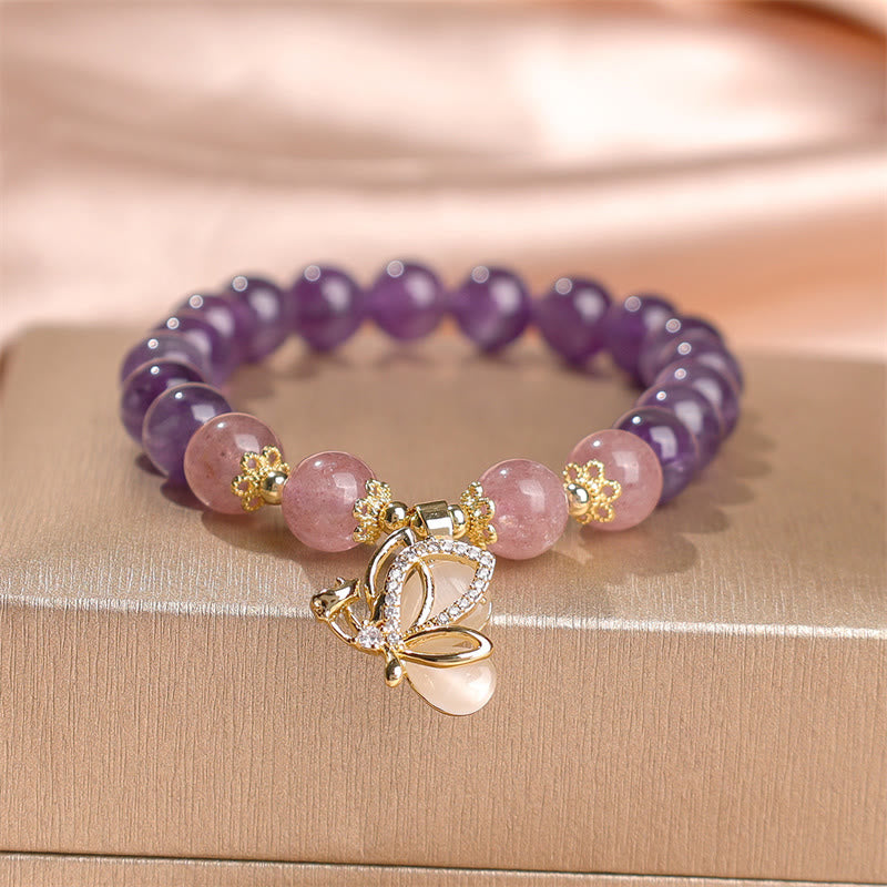 Buddha Stones Natural Amethyst Strawberry Quartz Crystal Healing Butterfly Charm Bracelet - image 6