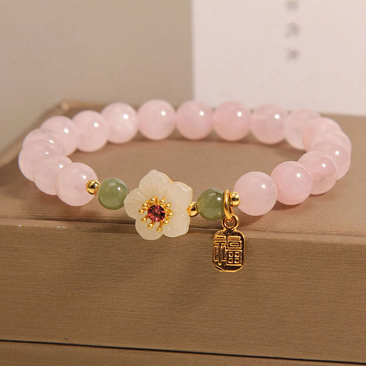 Buddha Stones Rose Quartz Peach Blossom Hetian Jade Fu Character Relationships Healing Bracelet - image 6
