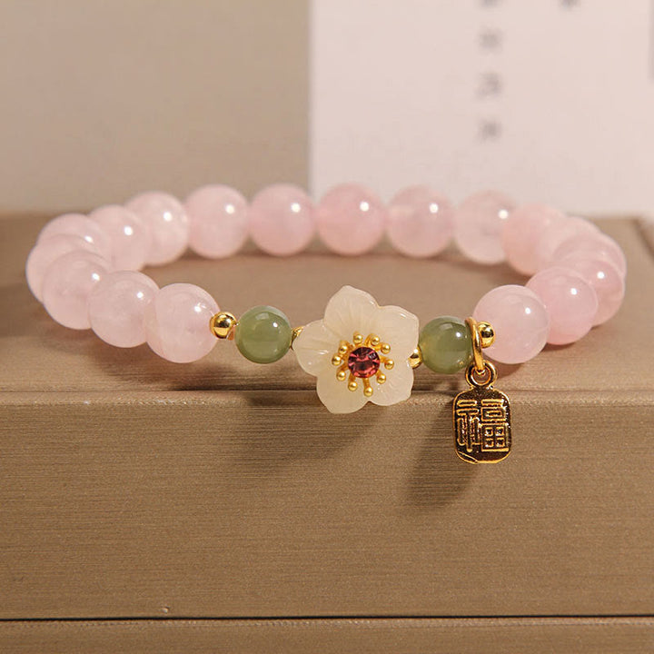 Buddha Stones Rose Quartz Peach Blossom Hetian Jade Fu Character Relationships Healing Bracelet - Rose Quartz(Wrist Circumference: 14-16cm) - image 0