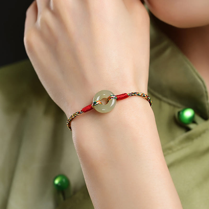 Buddha Stones Handmade Peace Buckle Jade Prosperity Colorful Rope Bracelet - image 8