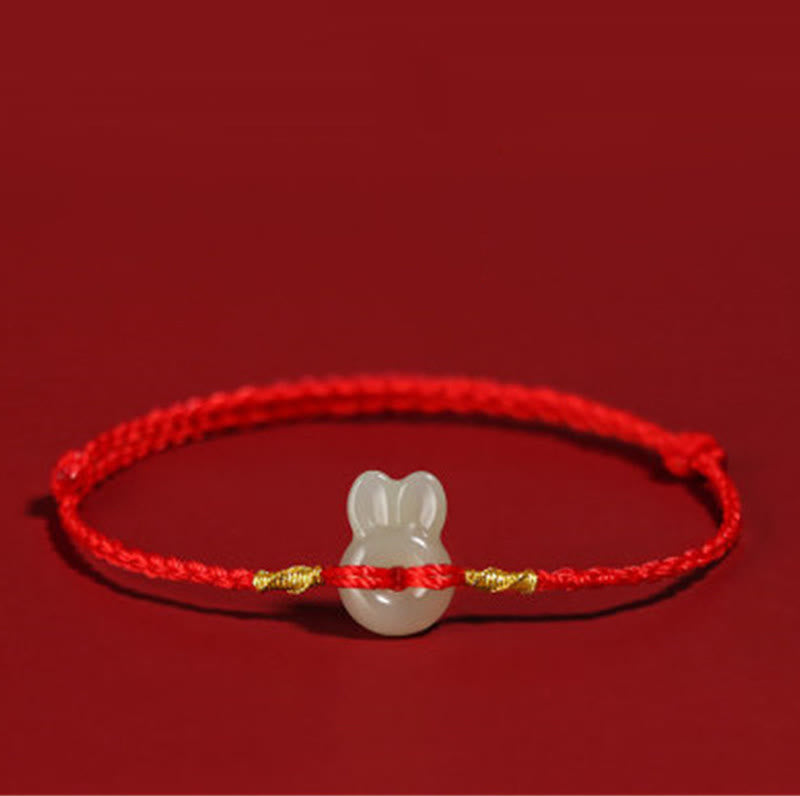 Buddha Stones Hetian Jade Cute Rabbit String Luck Bracelet - Red Rope(Wrist Circumference 14-16cm) - image 0