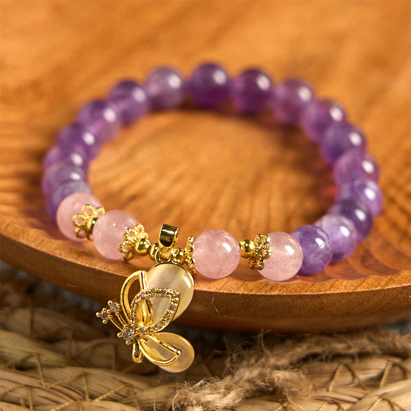 Buddha Stones Natural Amethyst Strawberry Quartz Crystal Healing Butterfly Charm Bracelet - image 1