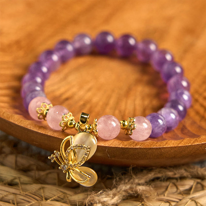 Buddha Stones Natural Amethyst Strawberry Quartz Crystal Healing Butterfly Charm Bracelet - image 1