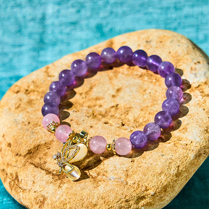 Buddha Stones Natural Amethyst Strawberry Quartz Crystal Healing Butterfly Charm Bracelet - image 5