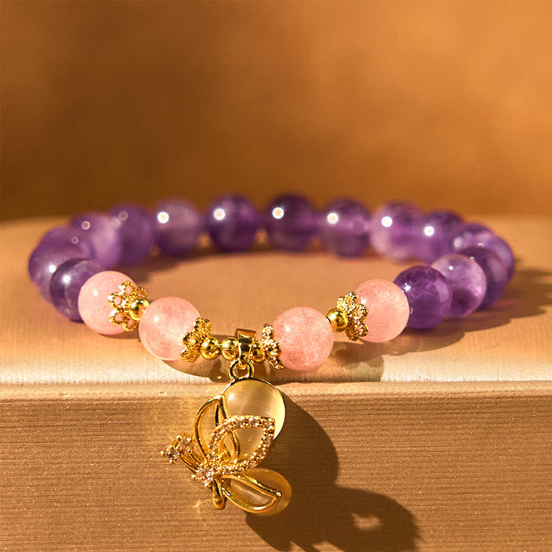 Buddha Stones Natural Amethyst Strawberry Quartz Crystal Healing Butterfly Charm Bracelet - Amethyst(Wrist Circumference: 14-17cm) - image 0