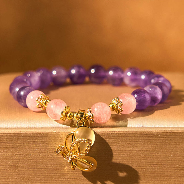 Buddha Stones Natural Amethyst Strawberry Quartz Crystal Healing Butterfly Charm Bracelet - Amethyst(Wrist Circumference: 14-17cm) - image 0