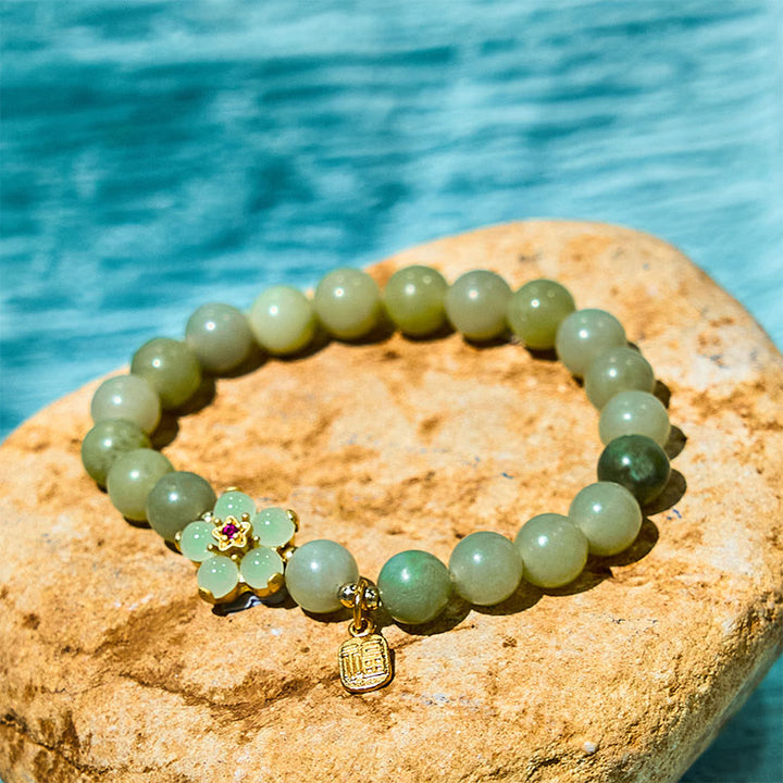 Buddha Stones Green Jade Flower Fu Character Charm Luck Bracelet - Jade(Wrist Circumference 14-16cm) - image 0