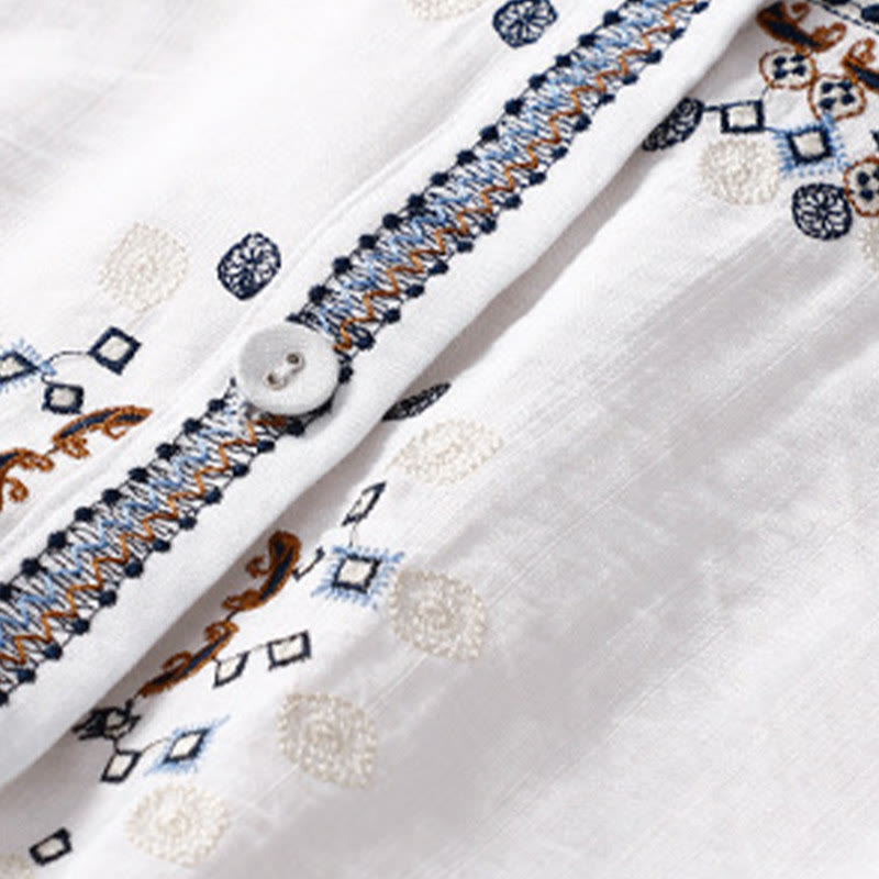 Buddha Stones Casual Women's Bohemia Embroidery Flowers V-Neck Design Half Sleeve Cotton Linen Shirt - image 3