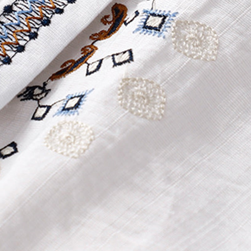 Buddha Stones Casual Women's Bohemia Embroidery Flowers V-Neck Design Half Sleeve Cotton Linen Shirt - image 4