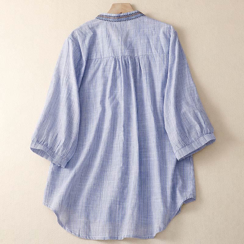 Buddha Stones Casual Women's Bohemia Embroidery Flowers V-Neck Design Half Sleeve Cotton Linen Shirt - image 6