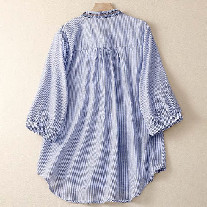 Buddha Stones Casual Women's Bohemia Embroidery Flowers V-Neck Design Half Sleeve Cotton Linen Shirt - image 6