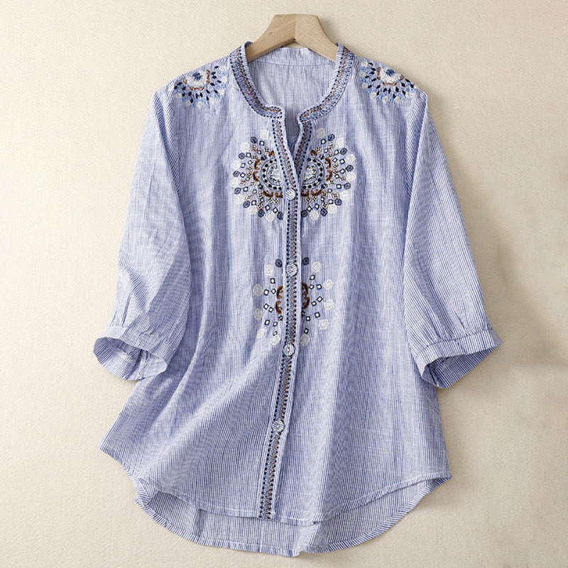 Buddha Stones Casual Women's Bohemia Embroidery Flowers V-Neck Design Half Sleeve Cotton Linen Shirt - CornflowerBlue - US8-10,UK/AU12-14,EU40-42 (2XL) - image 5