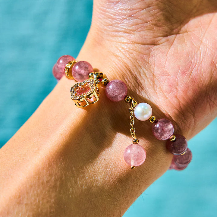 Buddha Stones Strawberry Quartz Pearl Four Leaf Clover Charm Healing Bracelet - Strawberry Quartz(Love♥Healing) - image 0