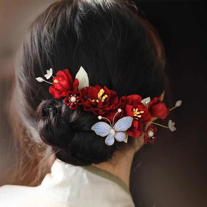 Buddha Stones Chinese Wedding Red Flower Butterfly Hair Clip - Red Flower Butterfly Hair Clip - image 0