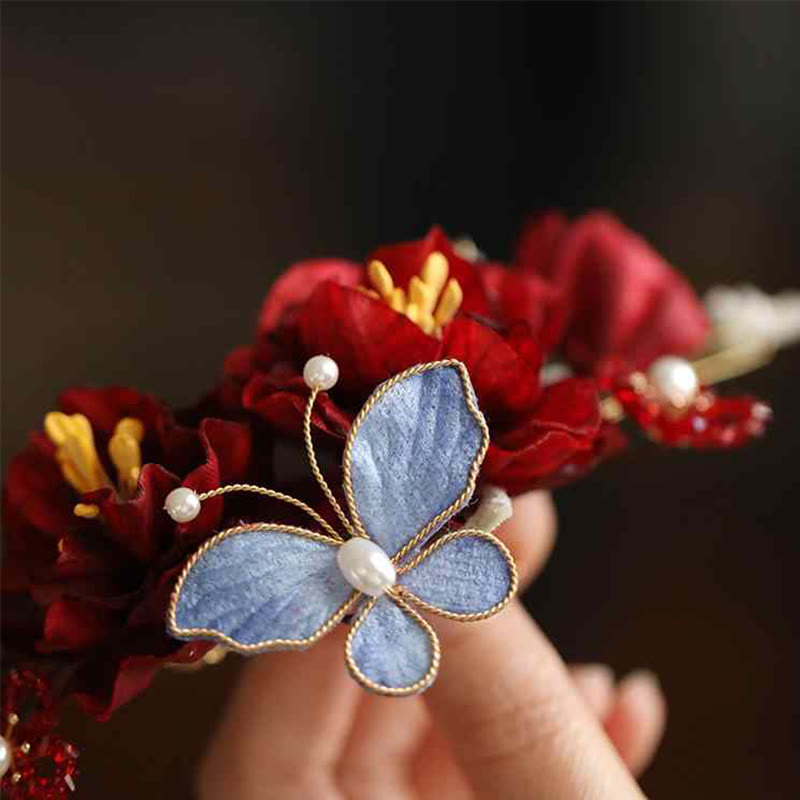 Buddha Stones Chinese Wedding Red Flower Butterfly Hair Clip - image 3
