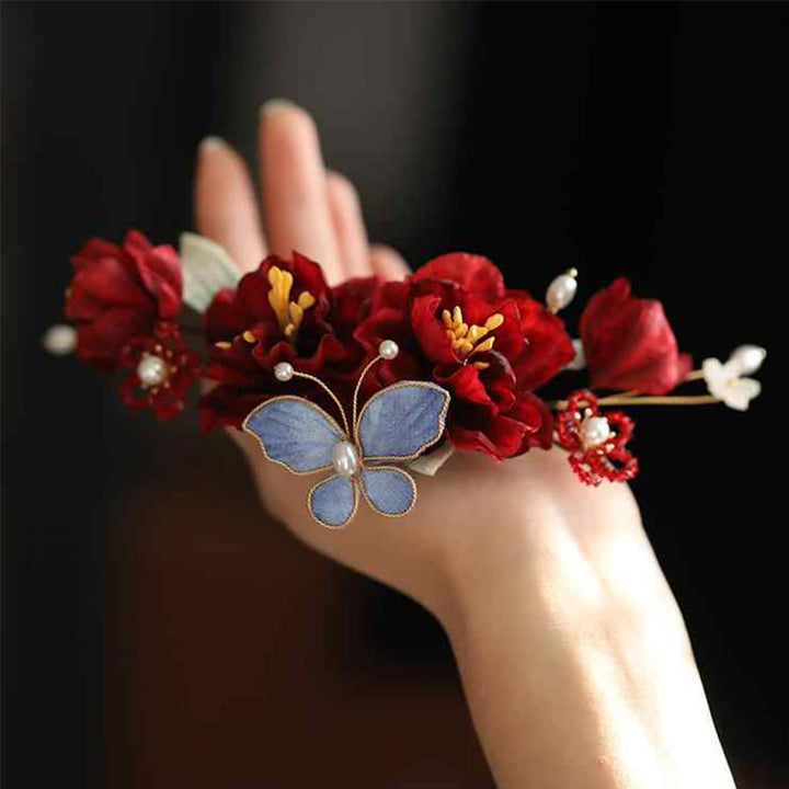 Buddha Stones Chinese Wedding Red Flower Butterfly Hair Clip - image 2