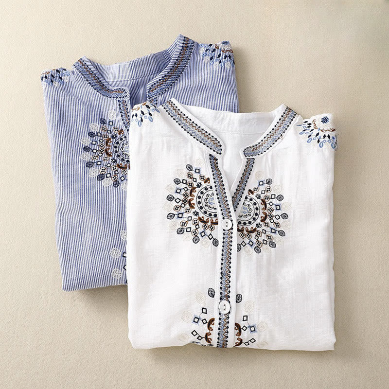 Buddha Stones Casual Women's Bohemia Embroidery Flowers V-Neck Design Half Sleeve Cotton Linen Shirt - image 10