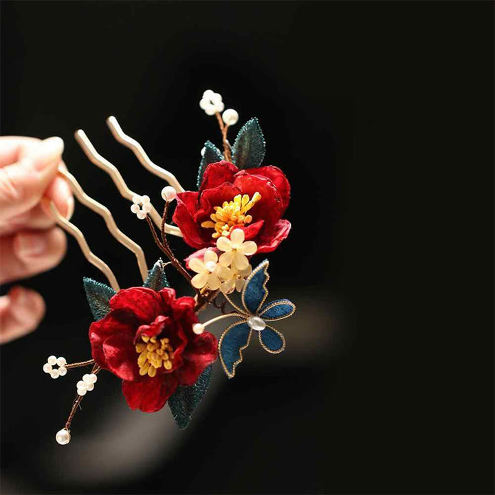 Buddha Stones Chinese Style Red Camellia Butterfly Hair Clip Hair Comb Hairpin Barrette Accessory - image 3