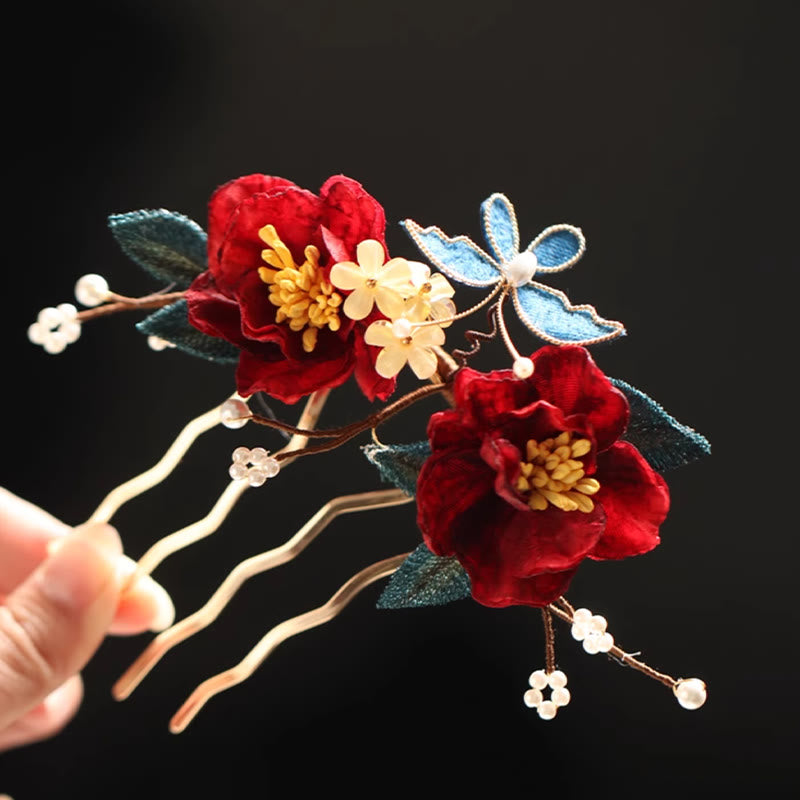 Buddha Stones Chinese Style Red Camellia Butterfly Hair Clip Hair Comb Hairpin Barrette Accessory - image 4